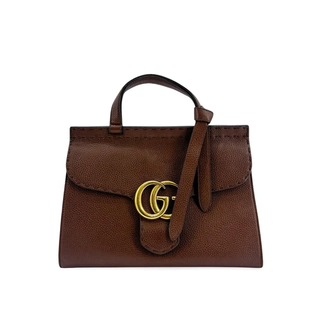 Gucci Double G Small Top Handle Bag Brown Brown Leather Good - Front View