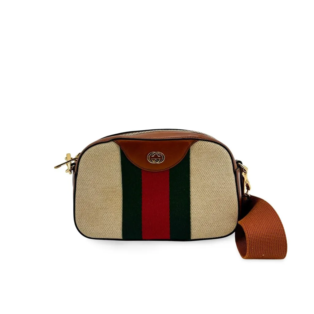 Gucci Ophidia Small Web Canvas Camera Bag Brown Beige Canvas Good - Front View