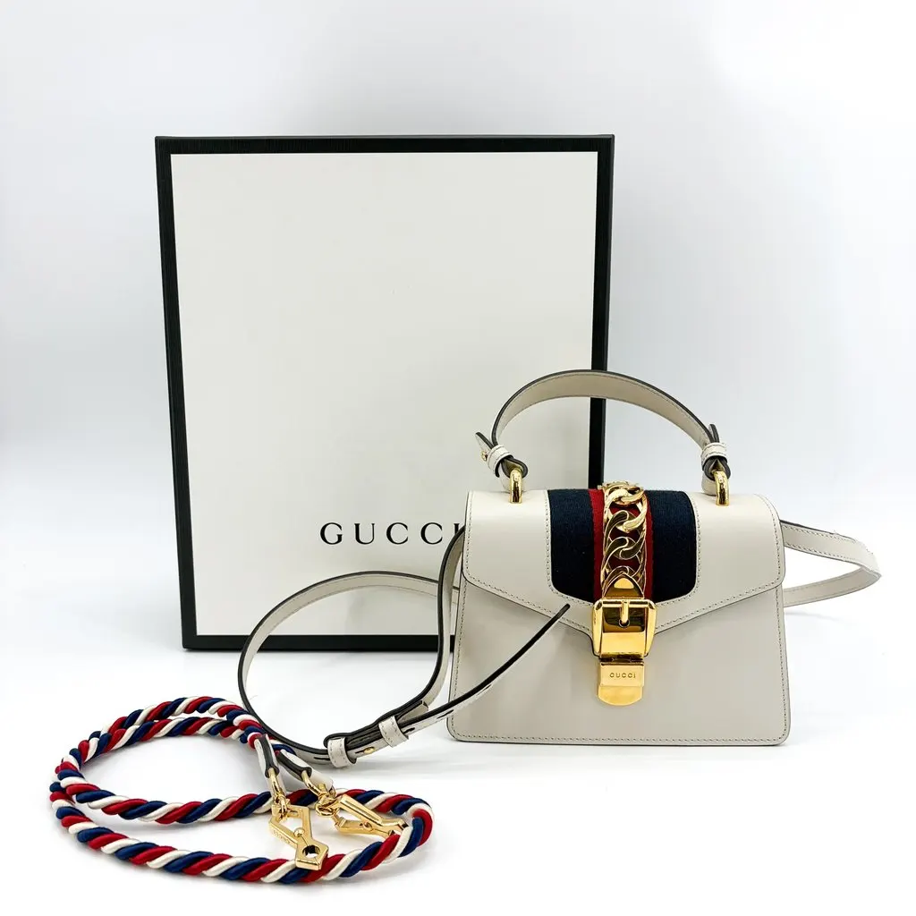 Gucci Sylvie Mini Leather Top Handle Bag White Gold Leather Good - Back View