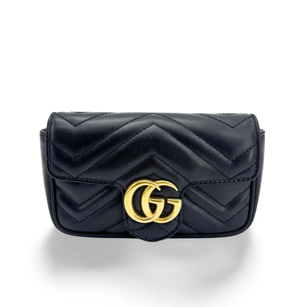 Gucci GG Marmont Matelasse Super Mini Shoulder Bag Black Black Leather Good - Front View