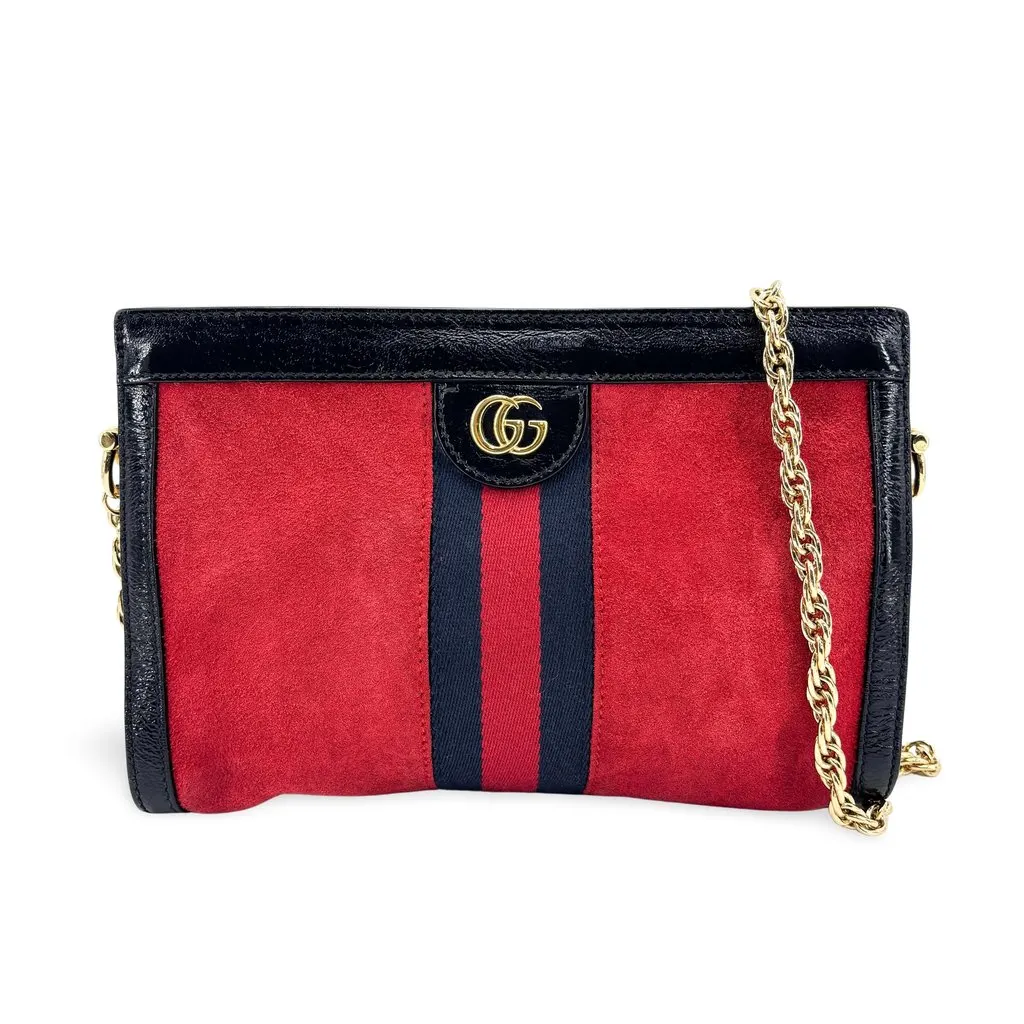 Gucci Ophidia Small Suede Shoulder Bag Red Black Black Suede Good - Front View