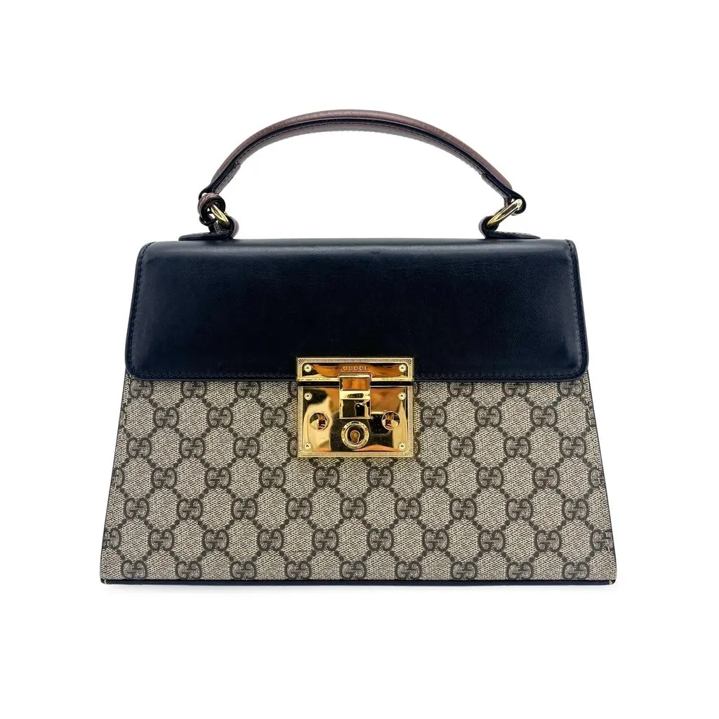 Gucci Padlock GG Supreme Small Top Handle Bag Black Beige Canvas Good - Front View