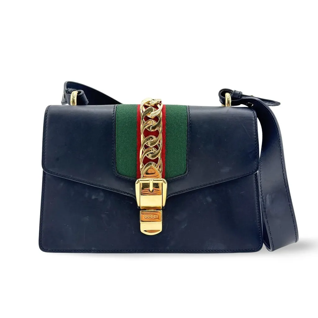Gucci Sylvie Small Shoulder Bag Navy Gold Leather Good - Front View