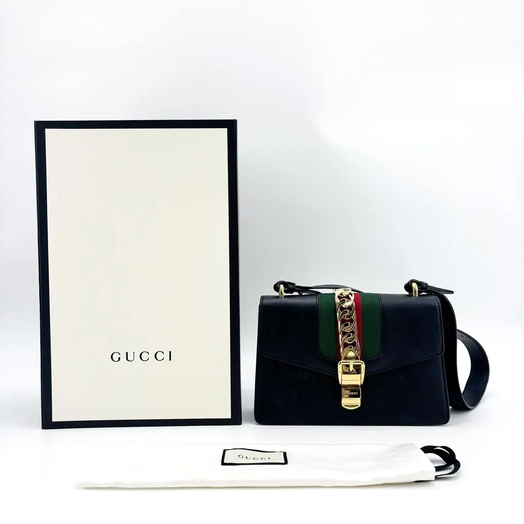 Gucci Sylvie Small Shoulder Bag Navy Gold Leather Good - Back View