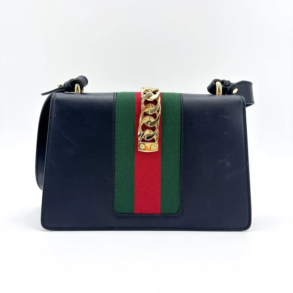 Gucci Sylvie Small Shoulder Bag Navy Gold Leather Good - Inside View