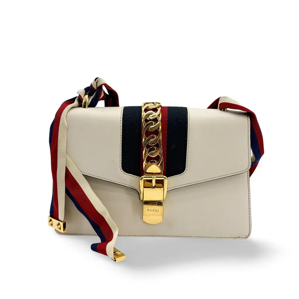 Gucci Sylvie Leather Small Shoulder Bag White Gold Leather Good - Front View