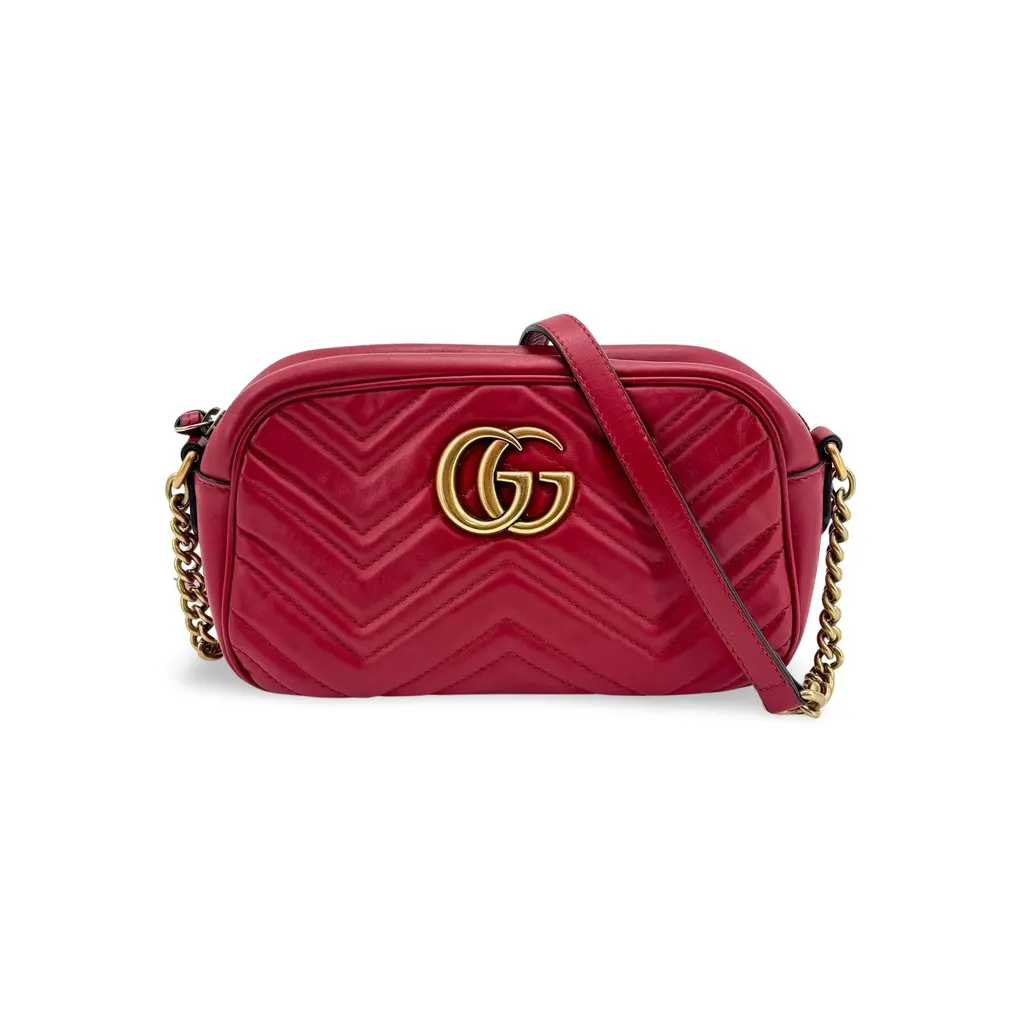 Gucci GG Marmont Matelasse Mini Shoulder Bag Red Gold Leather Good - Front View