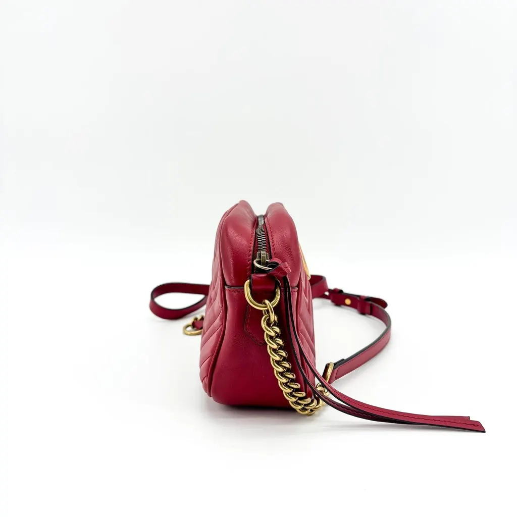 Gucci GG Marmont Matelasse Mini Shoulder Bag Red Gold Leather Good - Model View