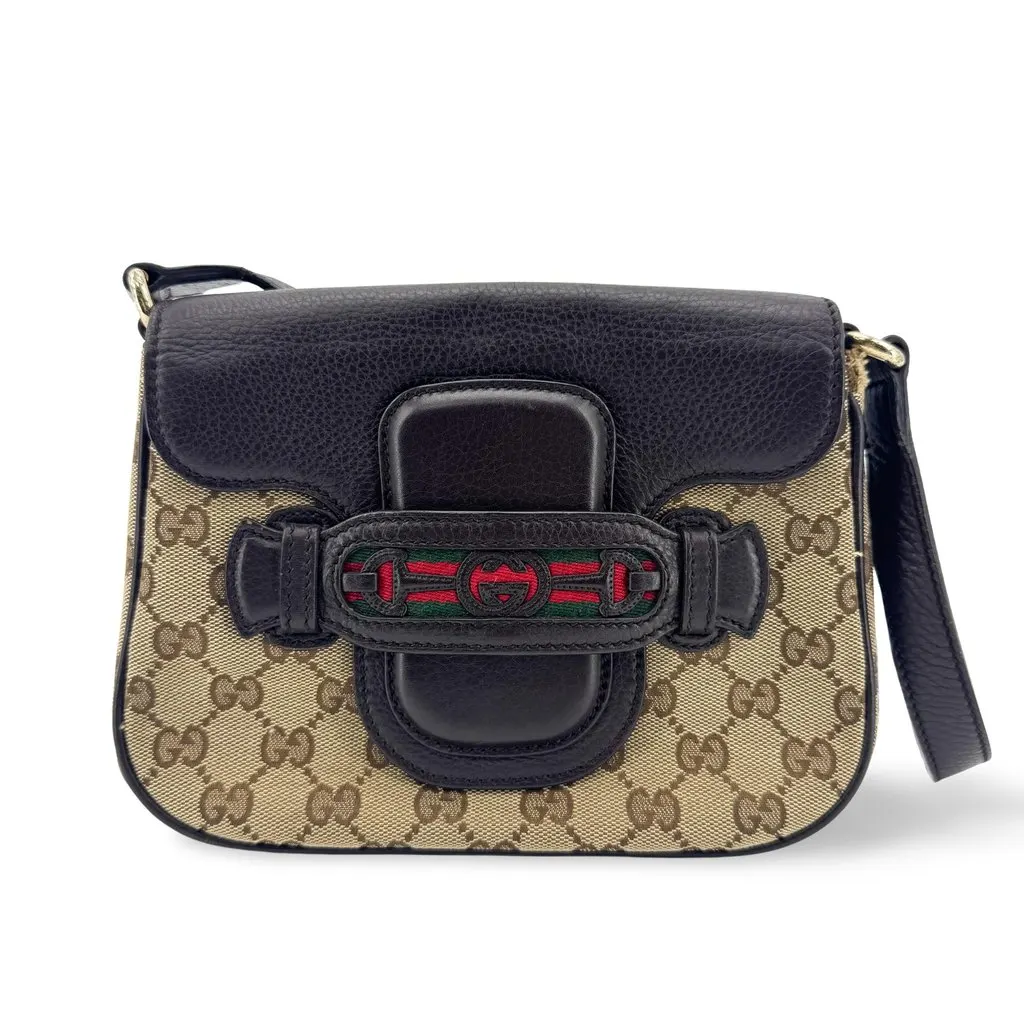 Gucci GG Supreme Canvas Web Interlocking G Shoulder Bag Black Beige Canvas Fair - Front View
