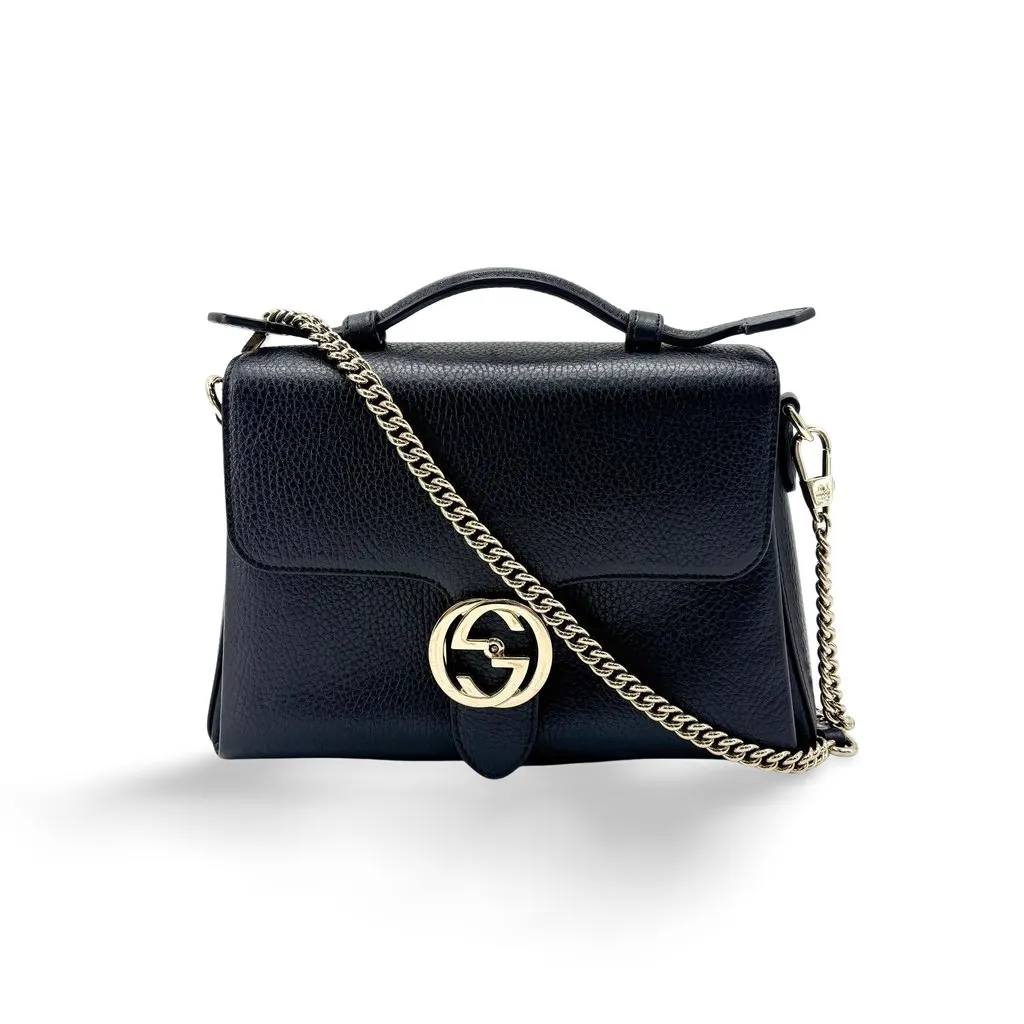 Gucci Interlocking G Medium Top Handle Chain Shoulder Bag Black Black Leather Good - Front View