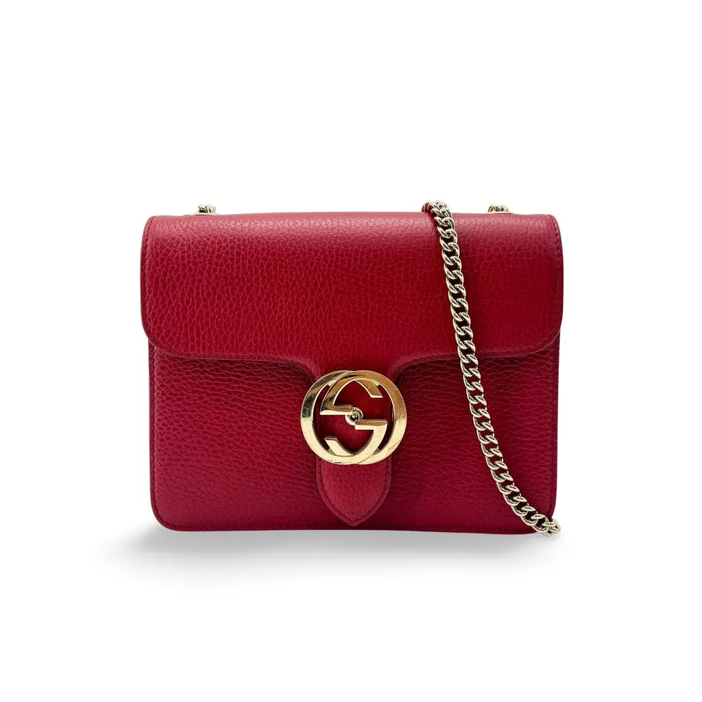 Gucci Interlocking G Dollar Calf Chain Shoulder Bag Small Red Gold Leather Good - Front View