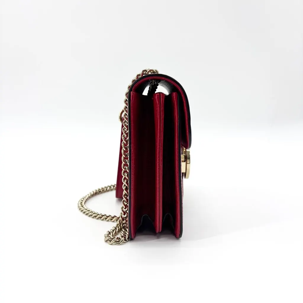 Gucci Interlocking G Dollar Calf Chain Shoulder Bag Small Red Gold Leather Good - Model View