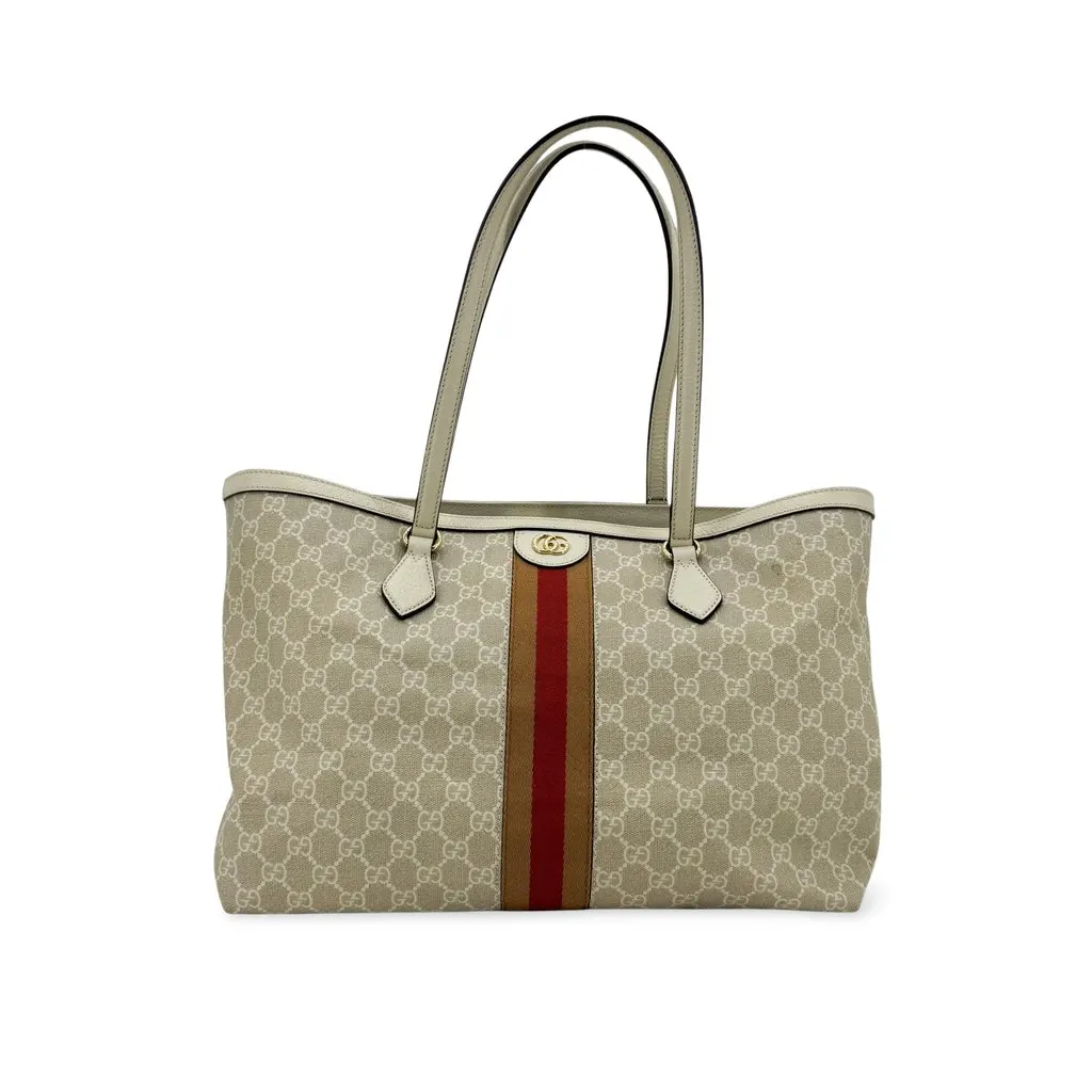 Gucci Ophidia GG Medium Tote Bag White Beige Canvas Fair - Front View