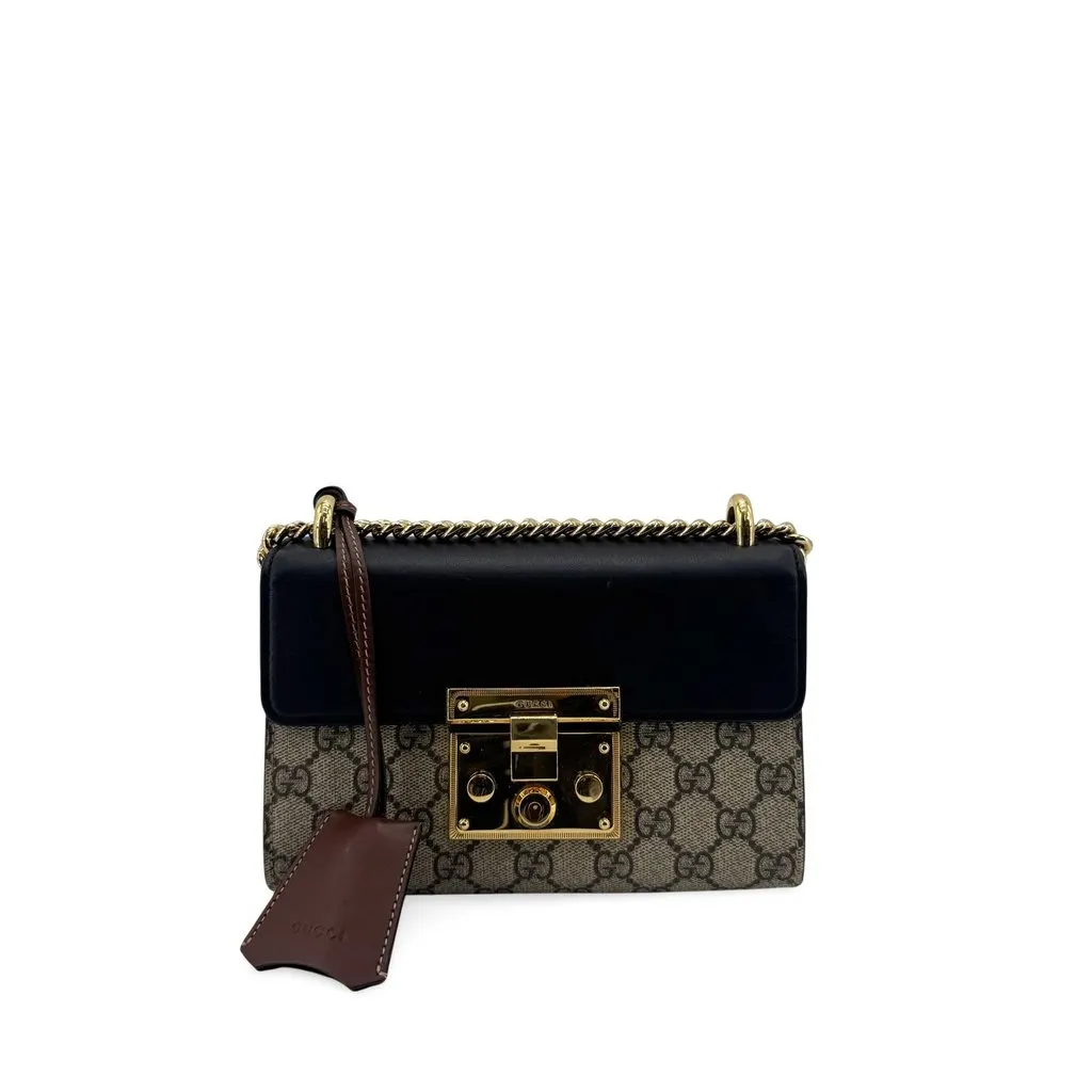 Gucci Padlock GG Small Shoulder Bag Black Beige Canvas Good - Front View