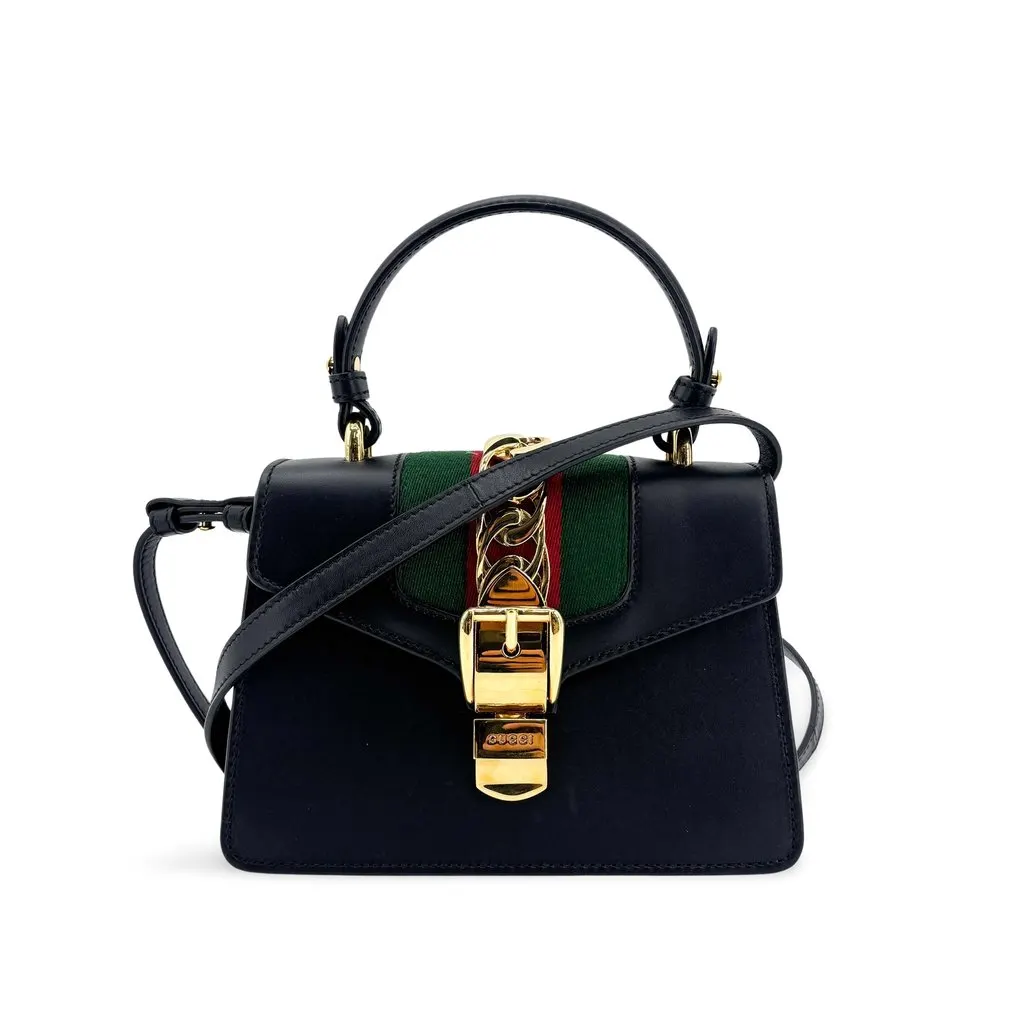 Gucci Sylvie Mini Top Handle Bag Black Black Leather Very good - Front View