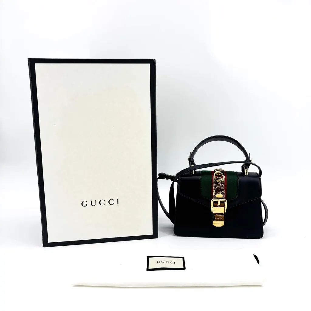 Gucci Sylvie Mini Top Handle Bag Black Black Leather Very good - Back View
