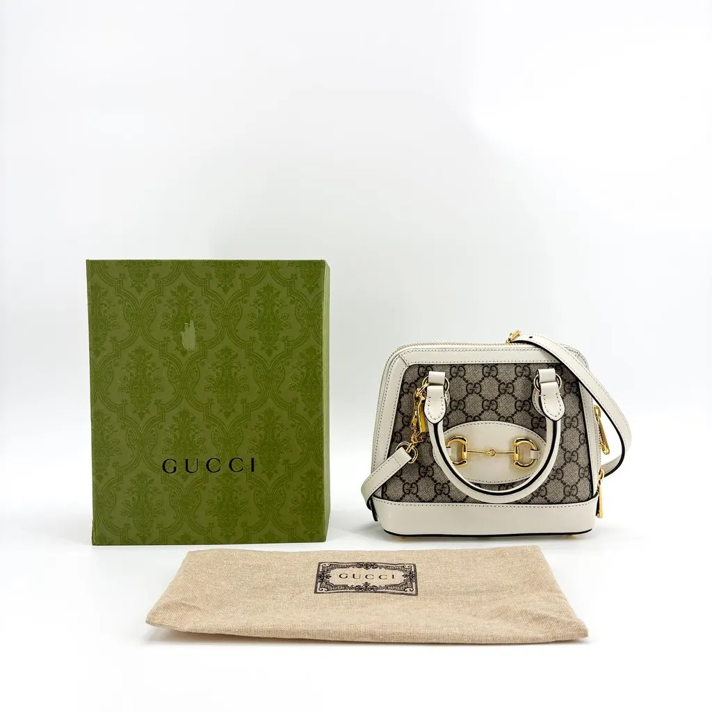 Gucci Horsebit 1955 Mini Top Handle Bag White Beige Canvas Good - Back View