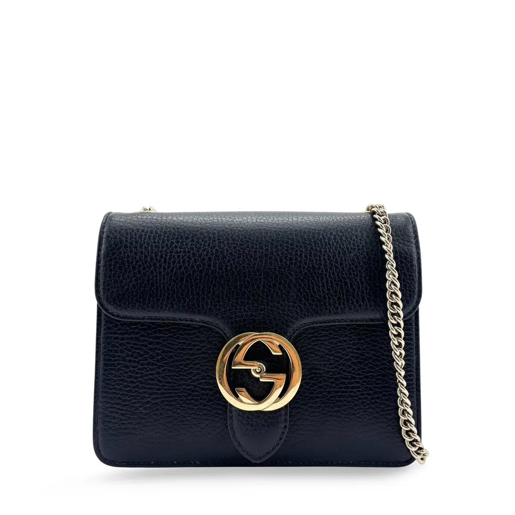 Gucci Interlocking G Dollar Calf Chain Shoulder Bag Small Black Black Leather Good - Front View
