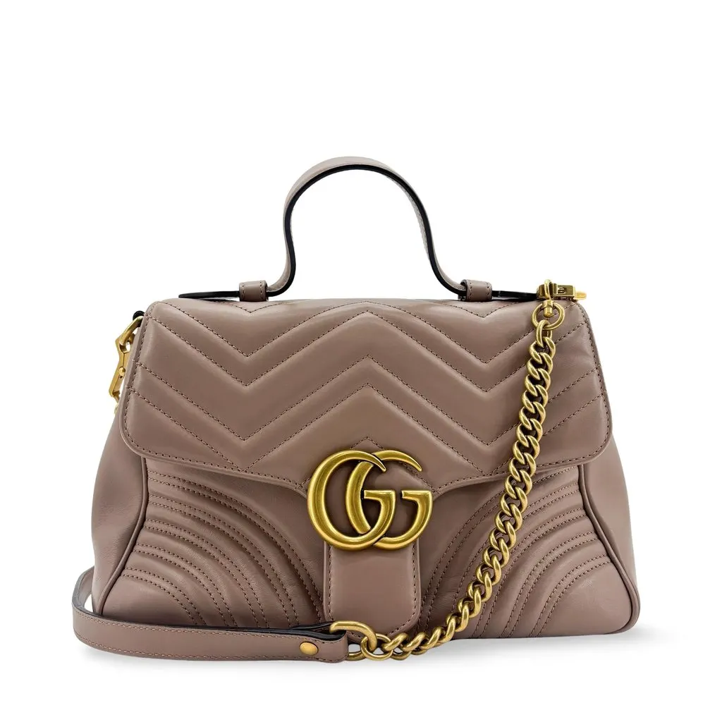 Gucci GG Marmont Mini Top Handle Bag Dusty Pink Beige Leather Good - Front View