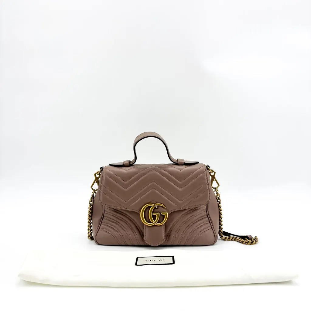 Gucci GG Marmont Mini Top Handle Bag Dusty Pink Beige Leather Good - Back View