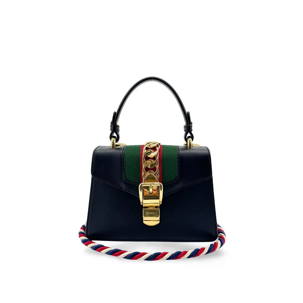 Gucci Sylvie Mini Top Handle Bag Black Black Leather Very good - Front View