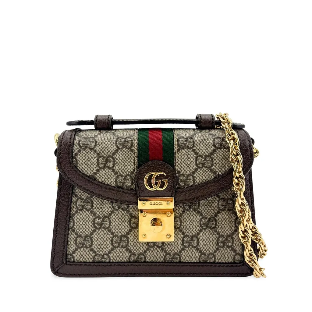Gucci Ophidia GG Mini Chain Shoulder Bag Brown Beige Canvas Good - Front View
