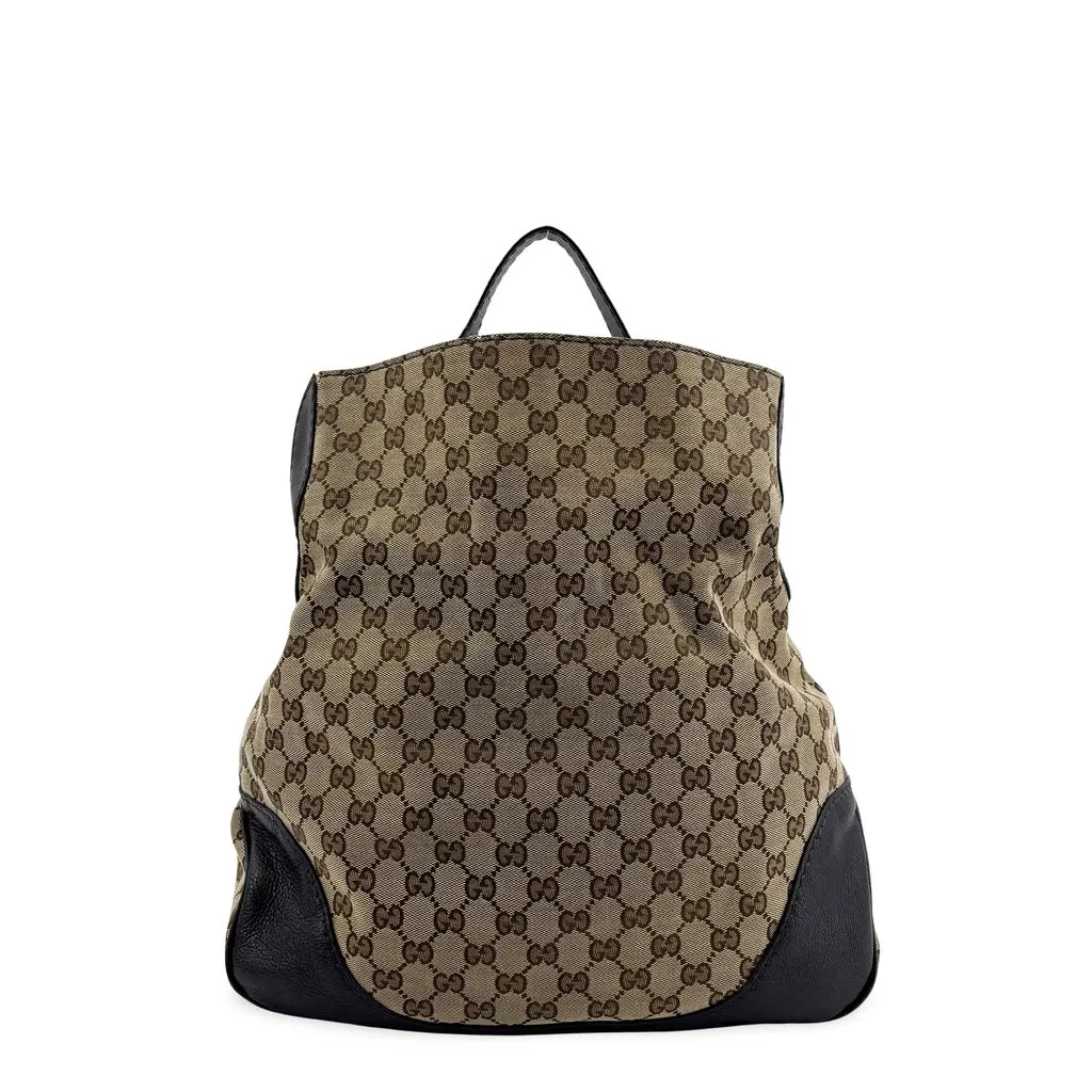 Gucci GG Canvas Leather Backpack Beige Black Beige Canvas Good - Front View