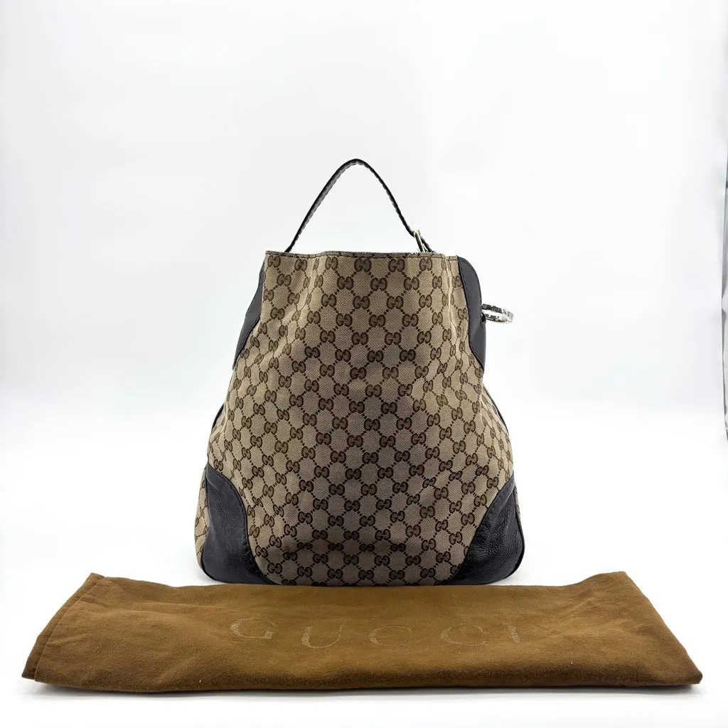 Gucci GG Canvas Leather Backpack Beige Black Beige Canvas Good - Back View