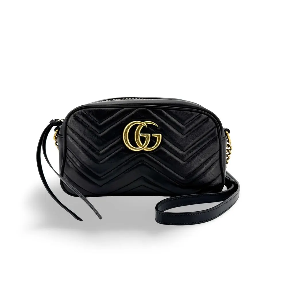 Gucci GG Marmont Small Matelasse Shoulder Bag Black Black Leather Good - Front View