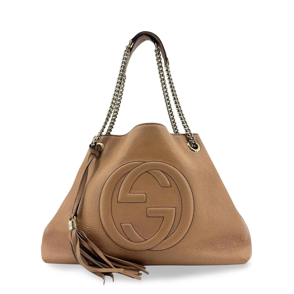 Gucci Soho Interlocking G Chain Shoulder Bag Beige Beige Leather Fair - Front View