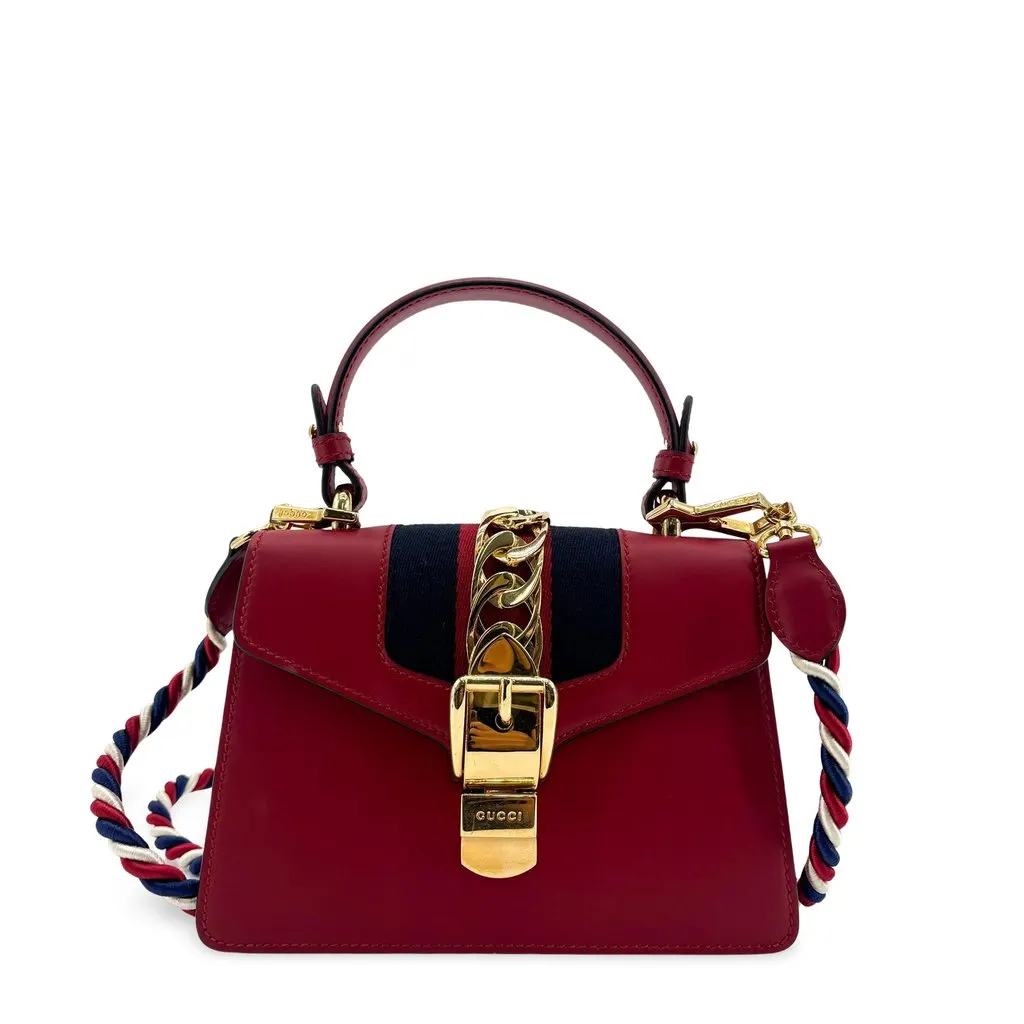 Gucci Sylvie Mini Top Handle Bag Red Gold Leather Very good - Front View