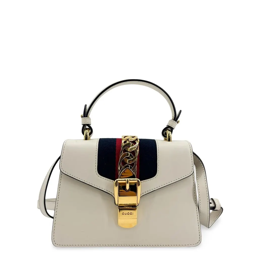 Gucci Sylvie Mini Leather Top Handle Bag White Gold Leather Good - Front View
