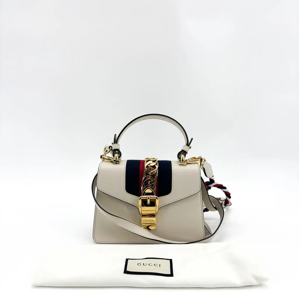 Gucci Sylvie Mini Leather Top Handle Bag White Gold Leather Good - Back View