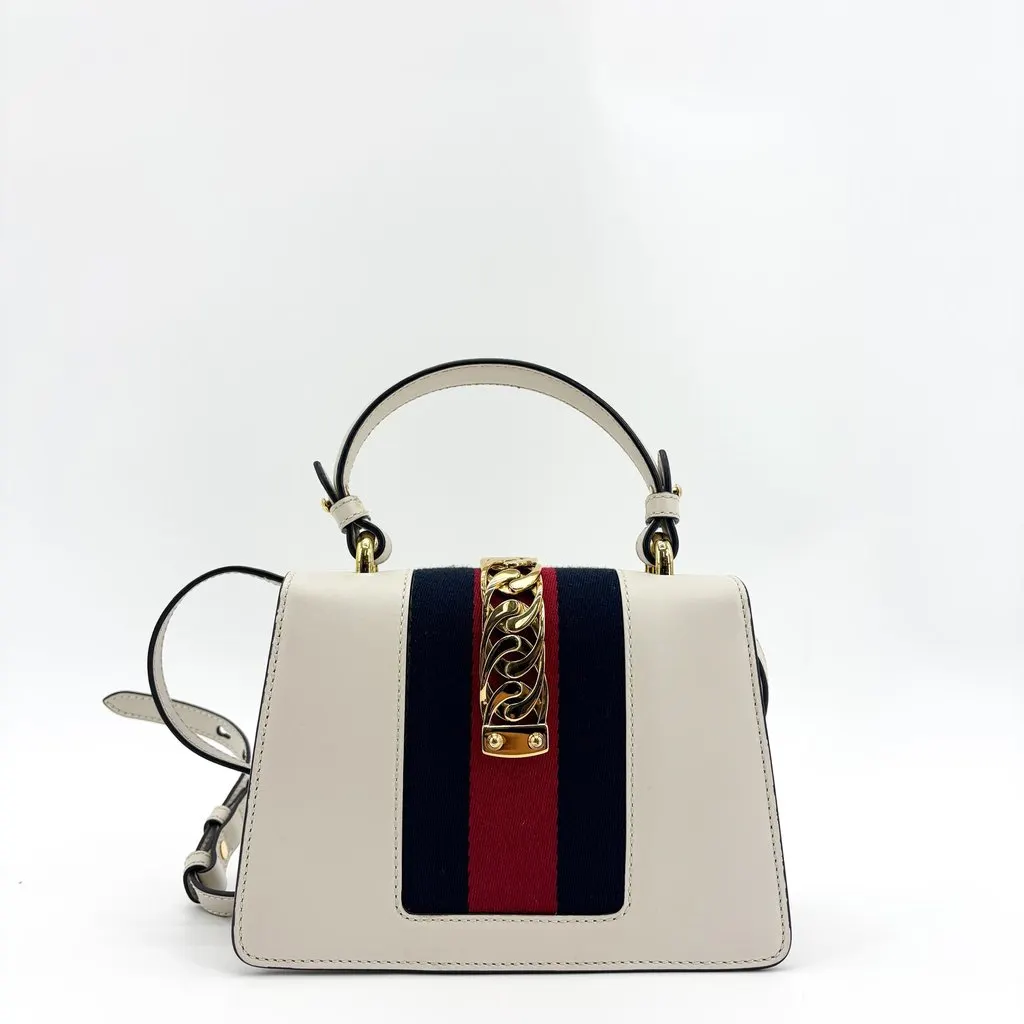 Gucci Sylvie Mini Leather Top Handle Bag White Gold Leather Good - Inside View
