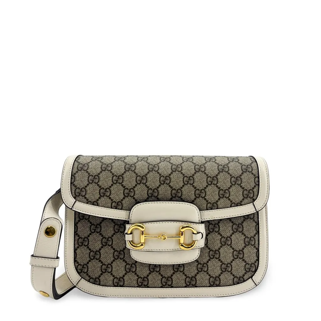 Gucci Horsebit 1955 Shoulder Bag GG Supreme White Beige Canvas Good - Front View