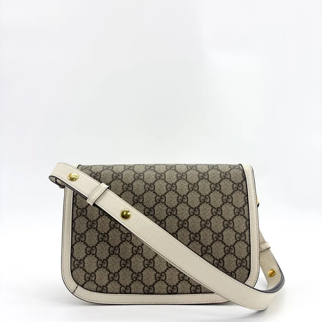 Gucci Horsebit 1955 Shoulder Bag GG Supreme White Beige Canvas Good - Back View