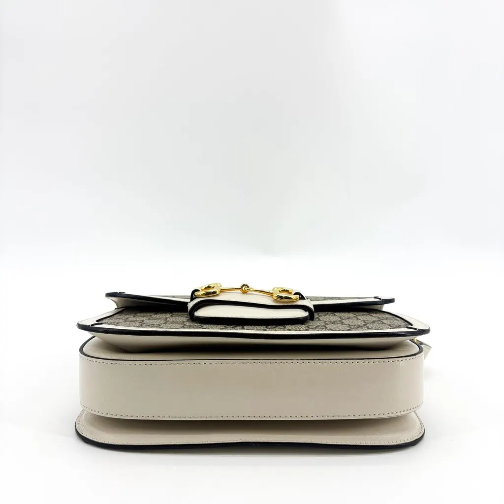 Gucci Horsebit 1955 Shoulder Bag GG Supreme White Beige Canvas Good - Box View