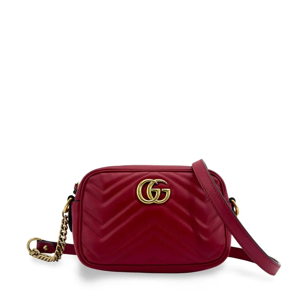 Gucci GG Marmont Matelasse Mini Shoulder Bag Red Gold Hardware Gold Leather Good - Front View