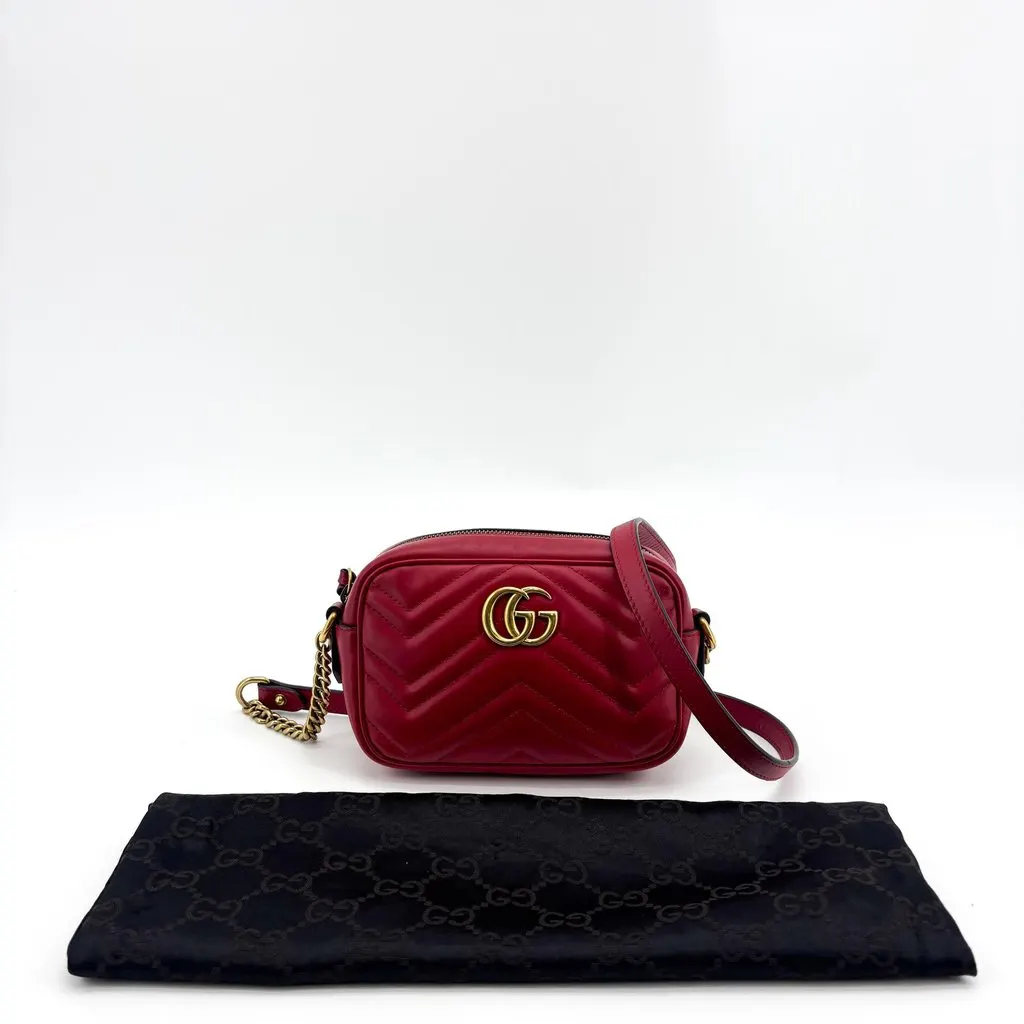 Gucci GG Marmont Matelasse Mini Shoulder Bag Red Gold Hardware Gold Leather Good - Back View