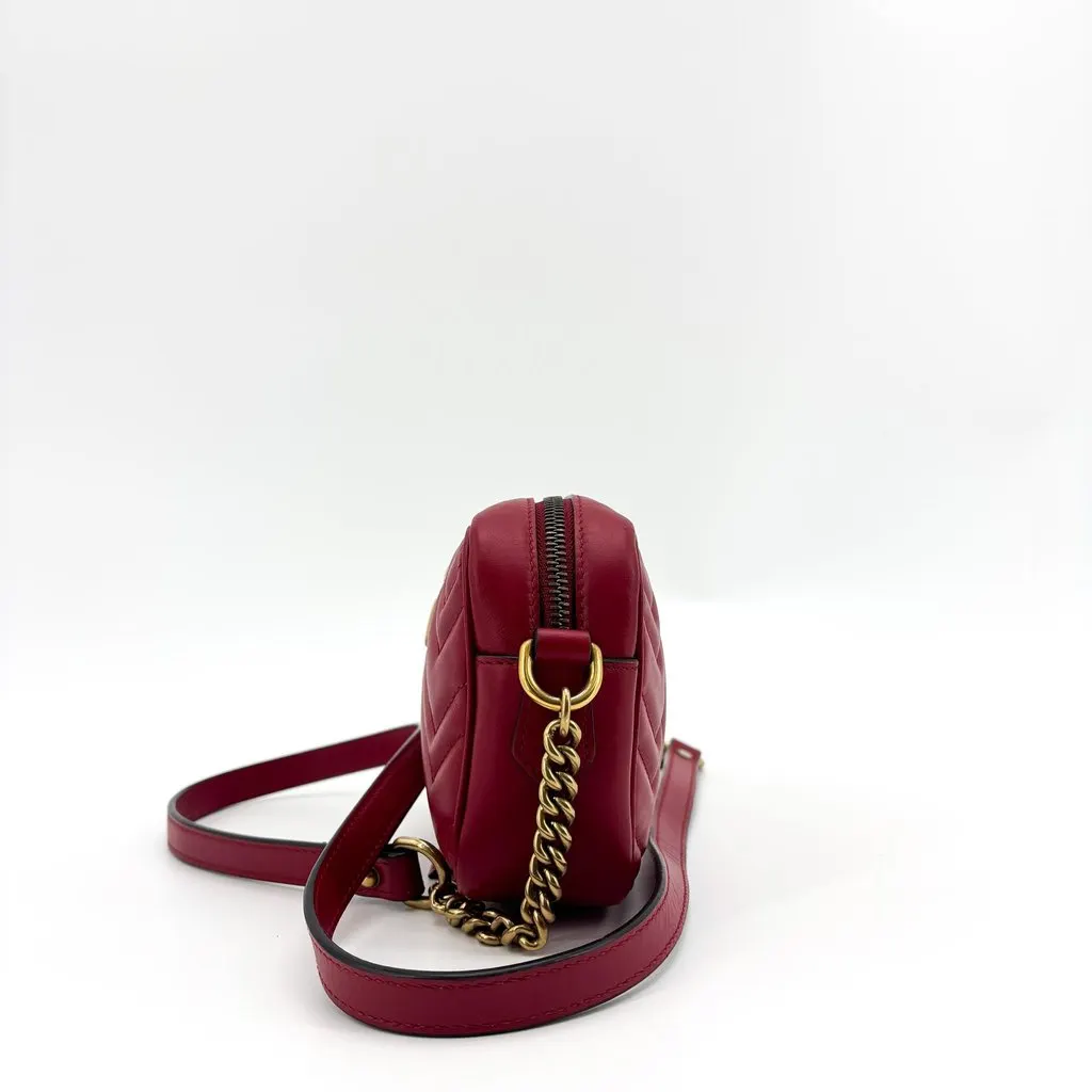 Gucci GG Marmont Matelasse Mini Shoulder Bag Red Gold Hardware Gold Leather Good - Model View
