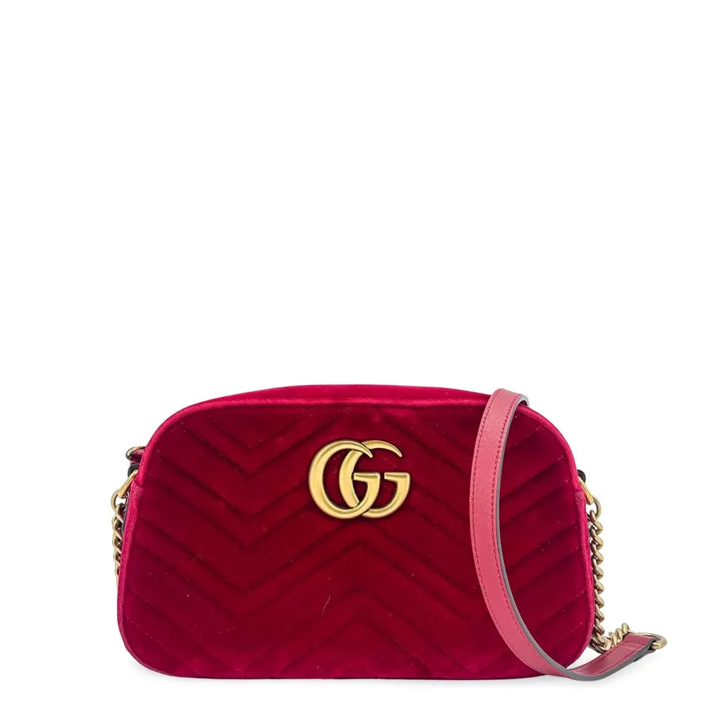 Gucci GG Marmont Small Velvet Shoulder Bag Red Red Velvet Good - Front View