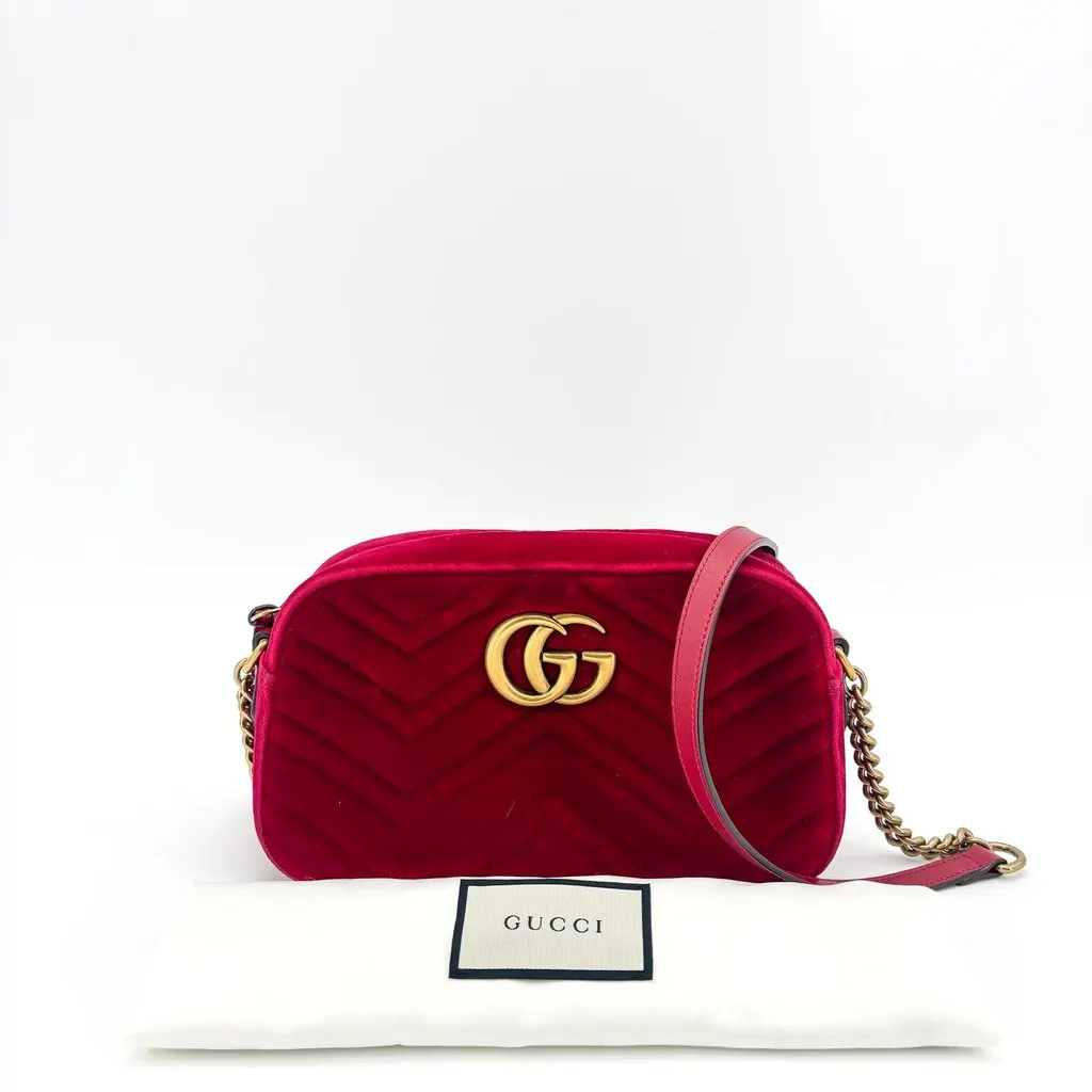 Gucci GG Marmont Small Velvet Shoulder Bag Red Red Velvet Good - Back View