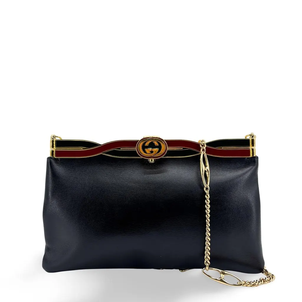 Gucci Vintage Interlocking G Enamel Frame Chain Shoulder Bag Black Black Leather Good - Front View