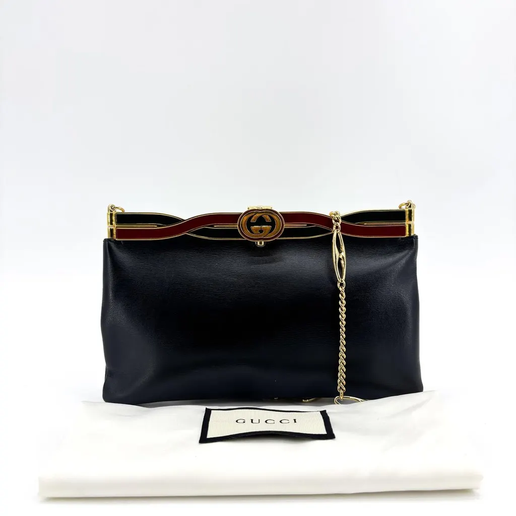 Gucci Vintage Interlocking G Enamel Frame Chain Shoulder Bag Black Black Leather Good - Back View