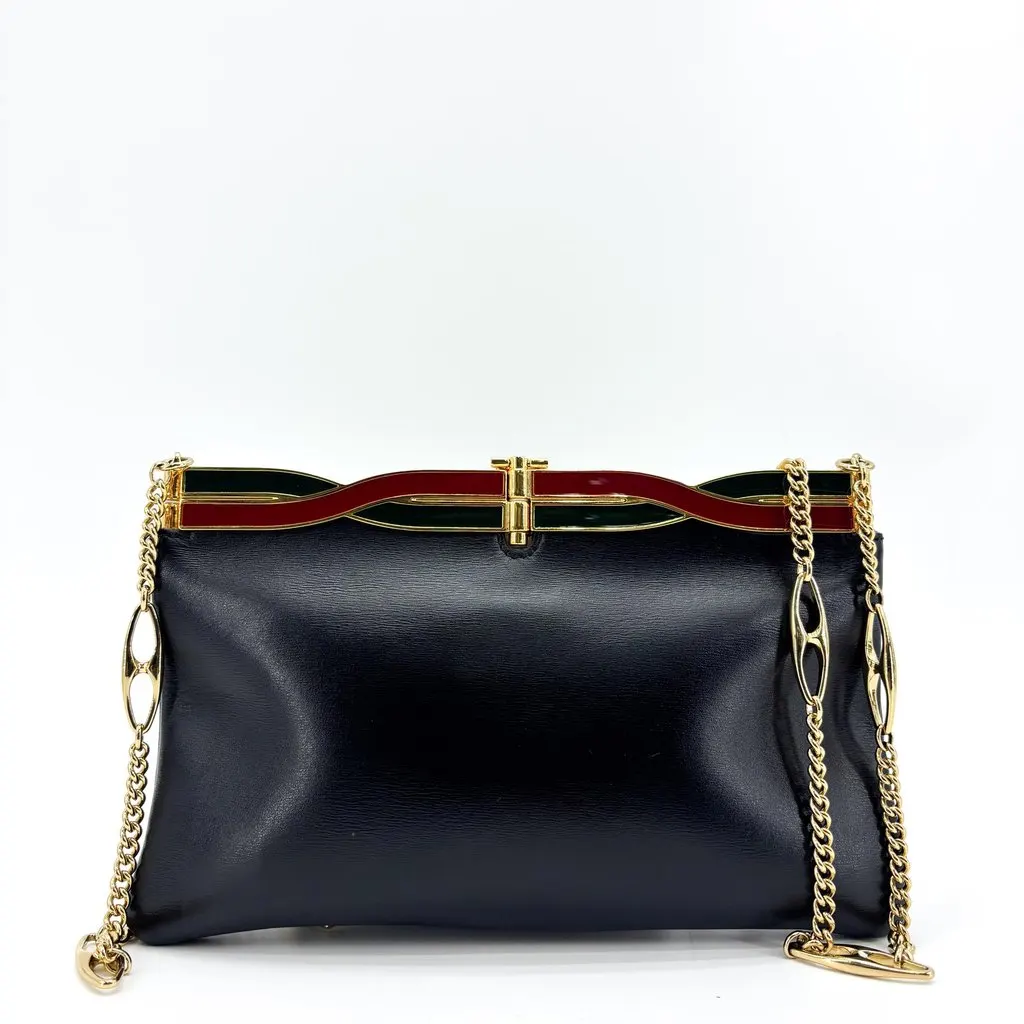 Gucci Vintage Interlocking G Enamel Frame Chain Shoulder Bag Black Black Leather Good - Inside View