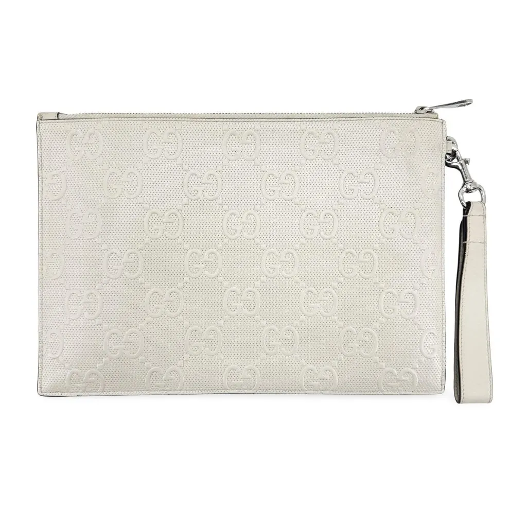 Gucci GG Embossed Leather Clutch Bag White White Leather Very good - Front View