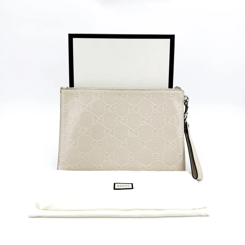 Gucci GG Embossed Leather Clutch Bag White White Leather Very good - Back View