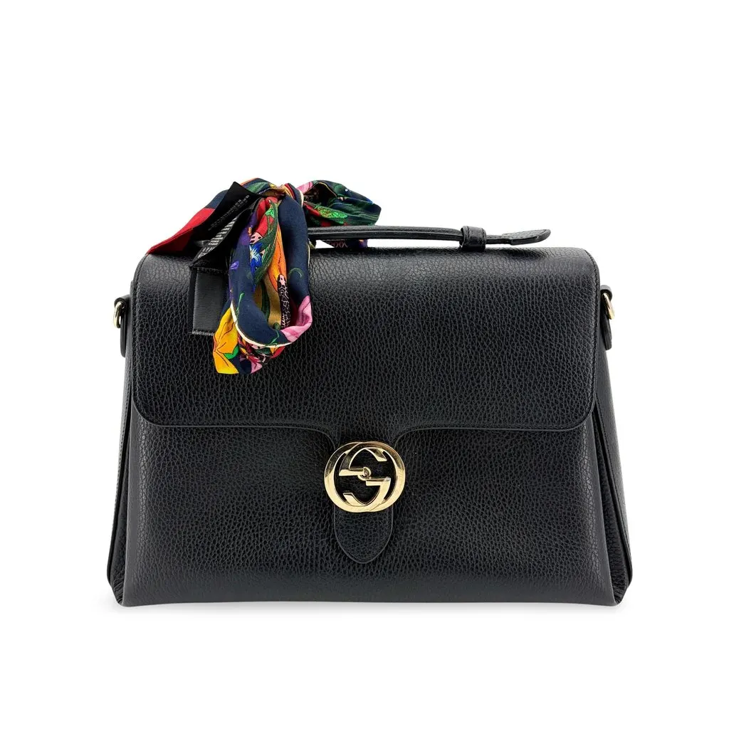 Gucci Interlocking GG Leather Top Handle Shoulder Bag Black Leather Good - Front View