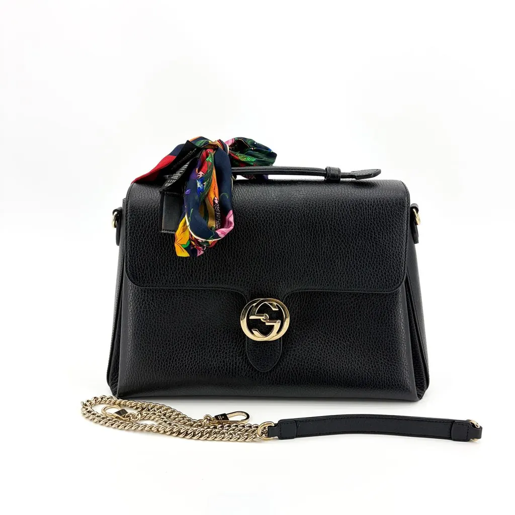 Gucci Interlocking GG Leather Top Handle Shoulder Bag Black Leather Good - Back View