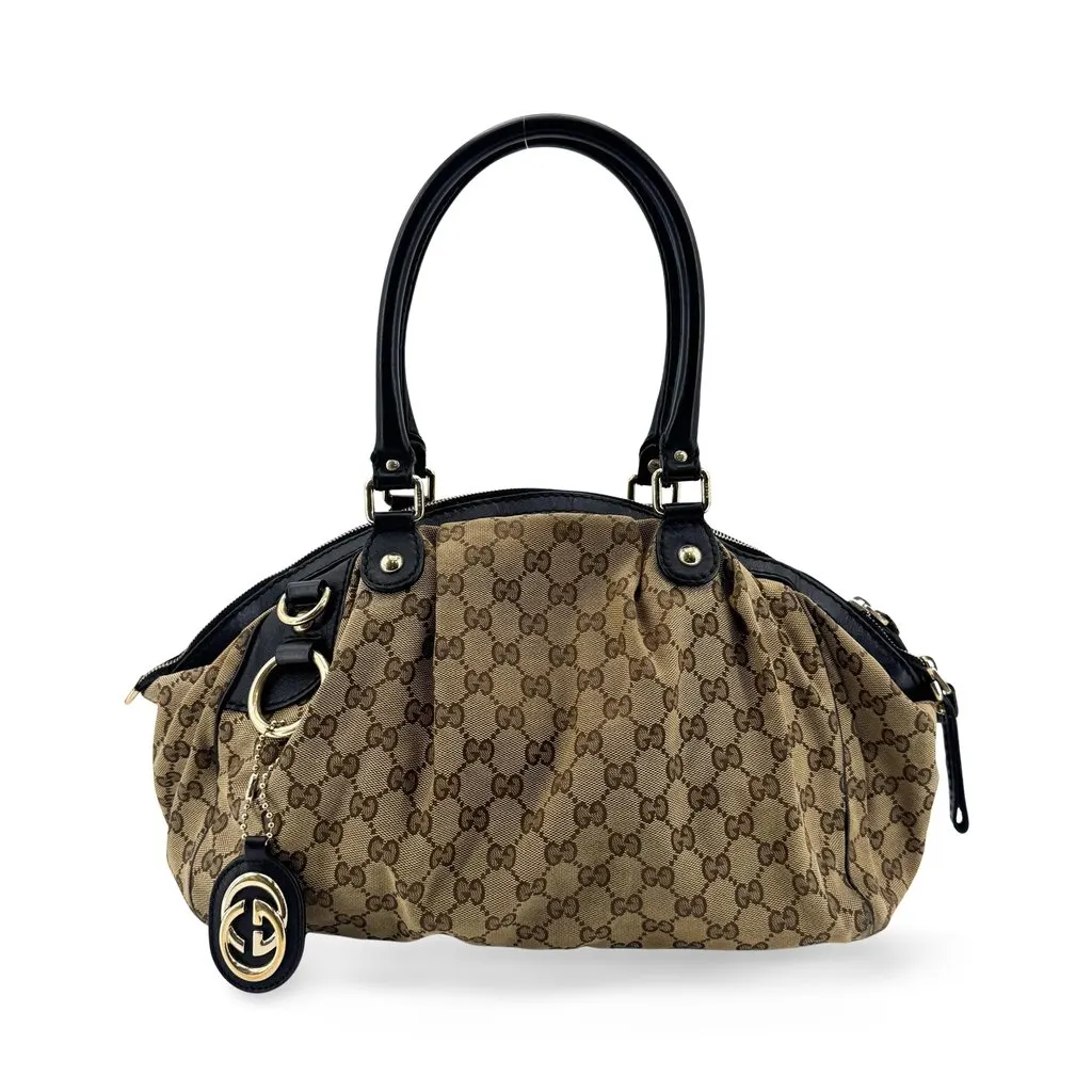 Gucci GG Canvas Sukey Medium Top Handle Bag Brown Black Beige Canvas Fair - Front View